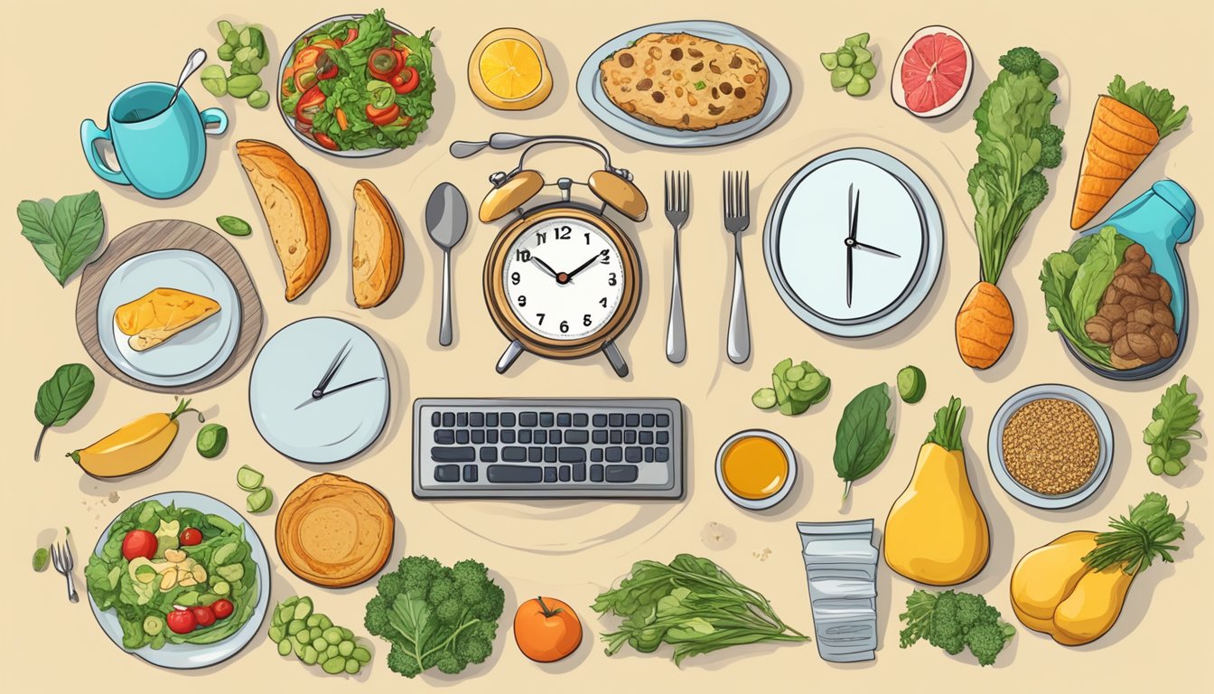 A dining table with a variety of healthy, low-carb foods and a clock showing intermittent fasting and keto-friendly meal times