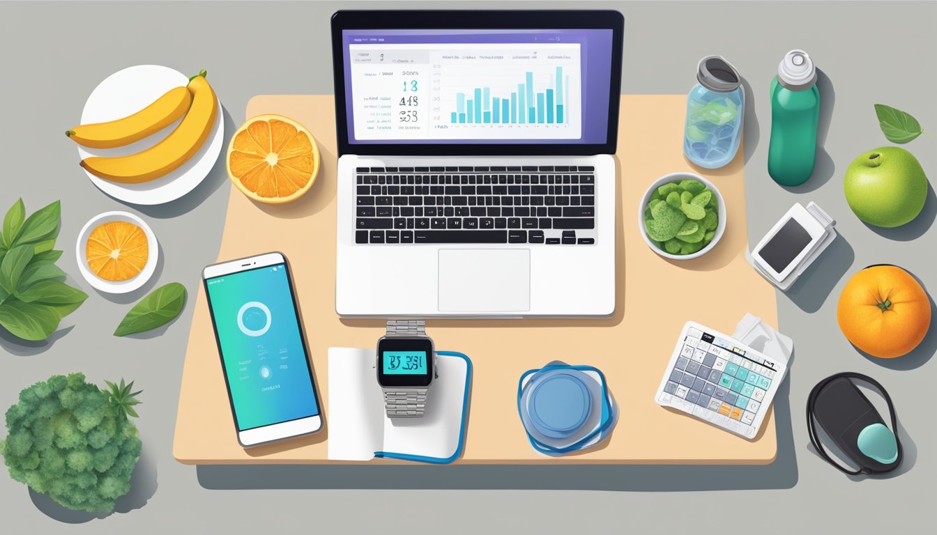 A table with a laptop displaying an intermittent fasting calculator, surrounded by a water bottle, healthy snacks, and a fitness tracker