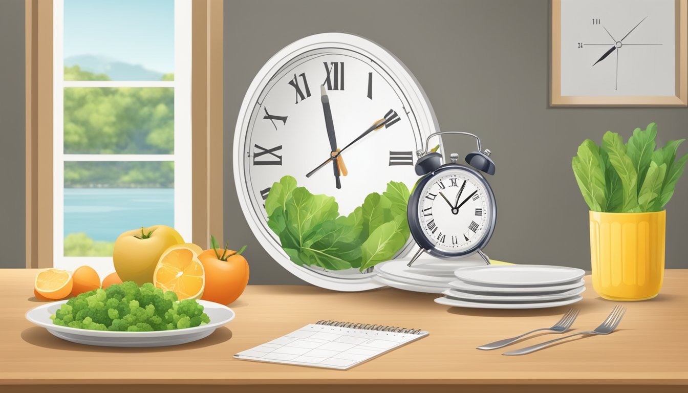 A table with a plate of healthy food, a clock showing a fasting window, and a calendar with marked progress