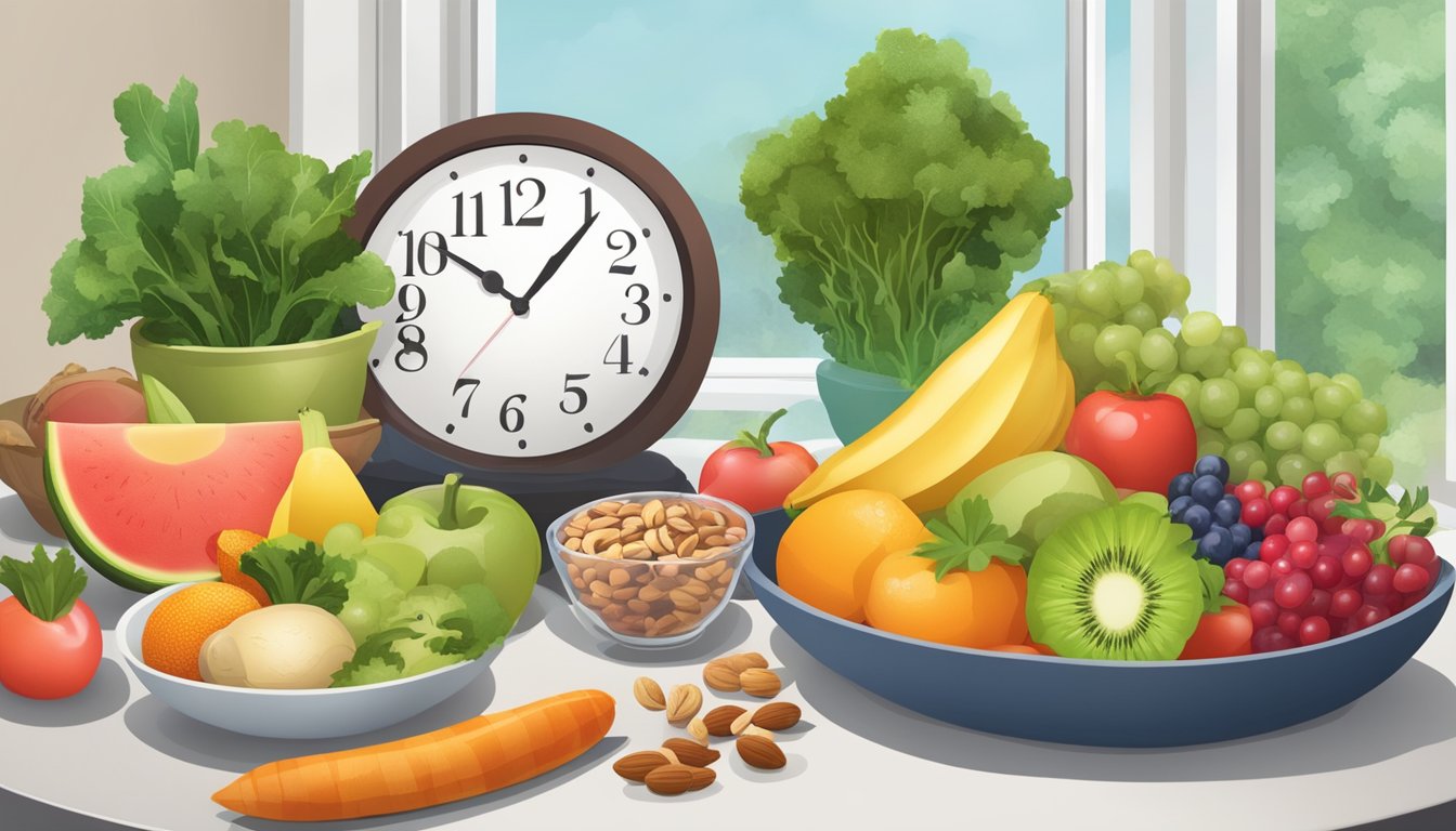 A table covered with a variety of colorful fruits, vegetables, nuts, and lean proteins, with a clock in the background indicating a specific eating window for intermittent fasting