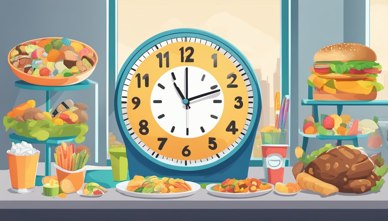 A clock with a restricted eating window surrounded by unhealthy foods, while healthy options are highlighted in the background