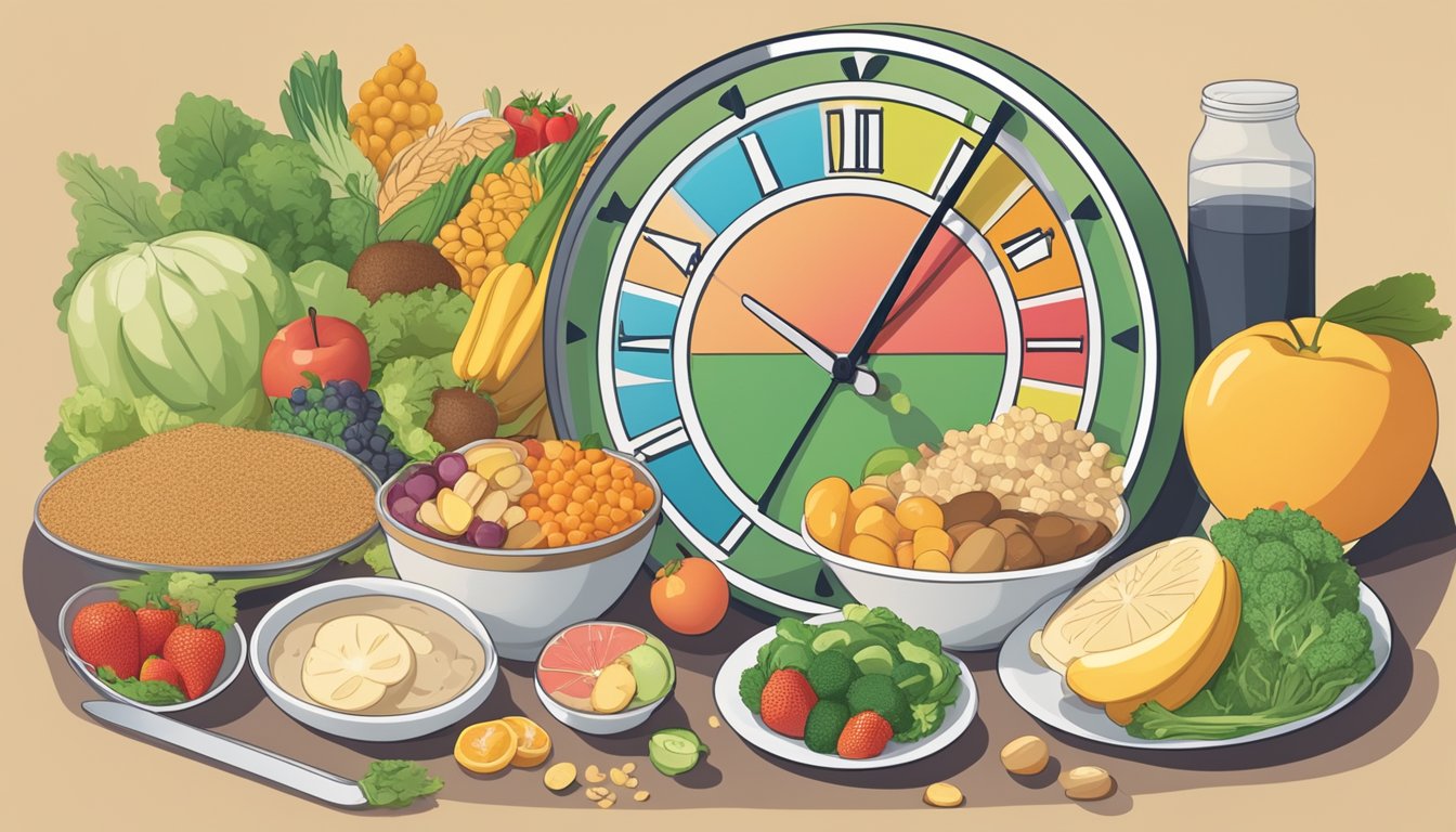 A table filled with balanced meals and snacks, including fruits, vegetables, lean proteins, and whole grains, set against a background of a clock indicating fasting and eating periods