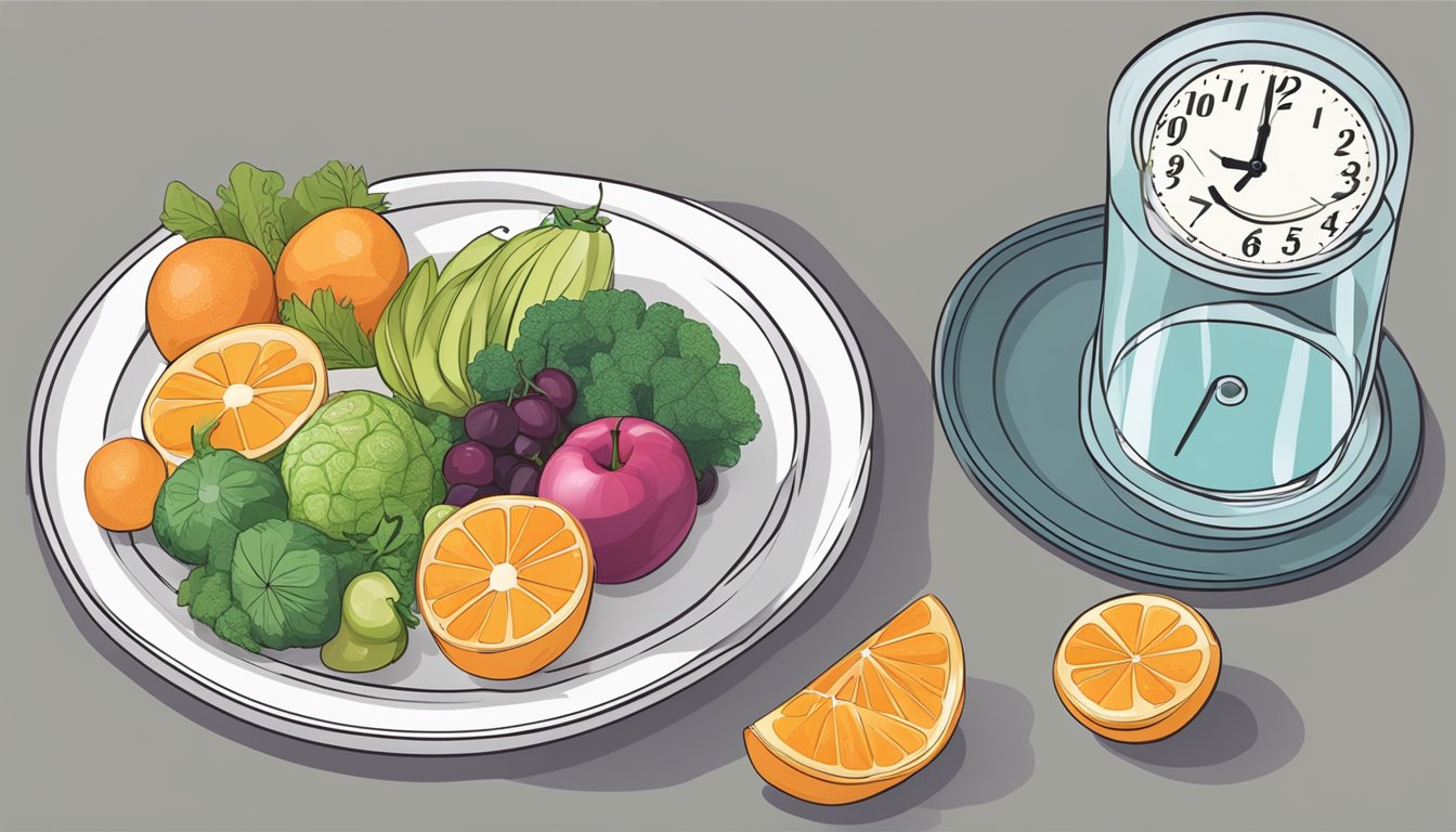 A glass of water and a plate of fruits and vegetables on a table next to a clock showing a specific time for intermittent fasting