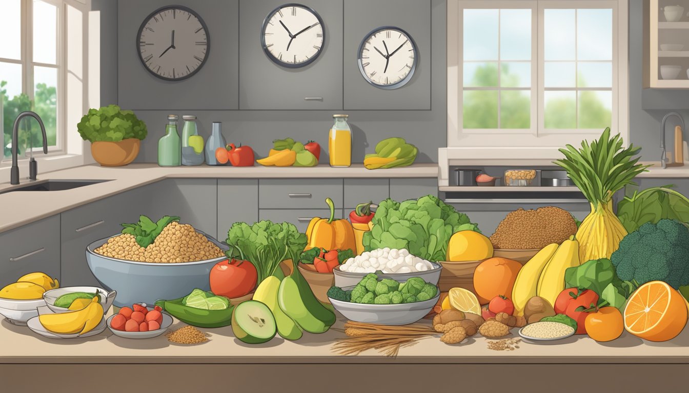 A kitchen counter with a variety of healthy foods, including fruits, vegetables, lean proteins, and whole grains. A clock in the background indicates the time for intermittent fasting