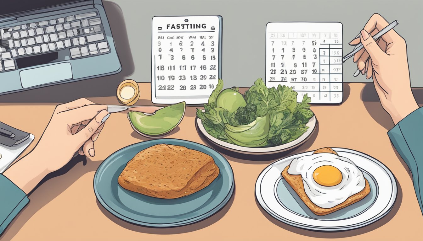 A woman's hand setting a timer next to a balanced meal and a calendar, symbolizing long-term planning and intermittent fasting