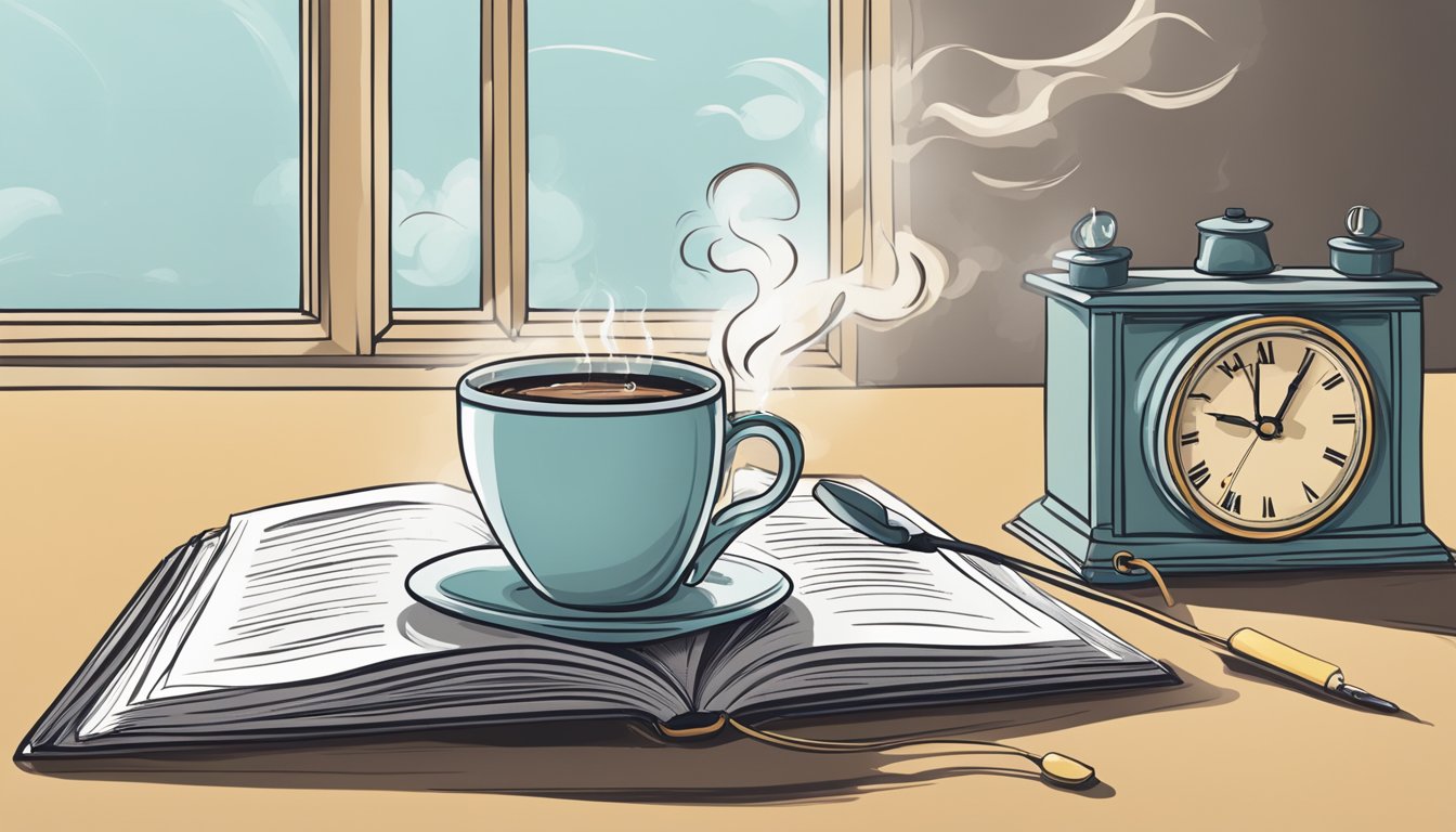 A steaming cup of coffee sits next to a clock showing a 16-hour fasting window. An open book on the side details potential health risks and considerations