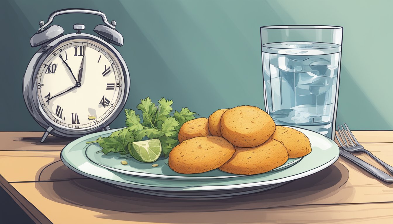 A table with a plate of food left untouched next to a half-full glass of water, a clock showing the time at 12 pm, and a discarded intermittent fasting schedule