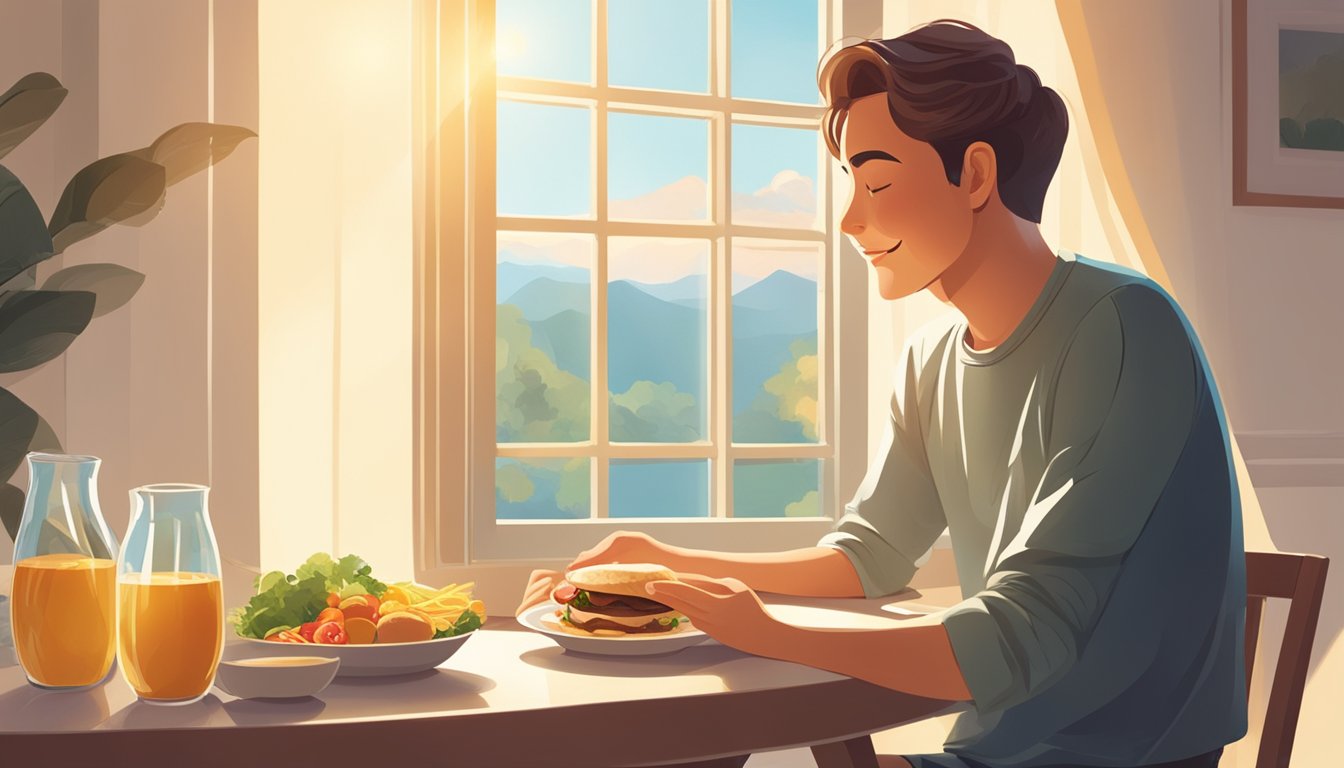 A person sitting at a table with a plate of food in front of them, looking relieved and content. The sun is shining through a window, casting a warm glow on the scene