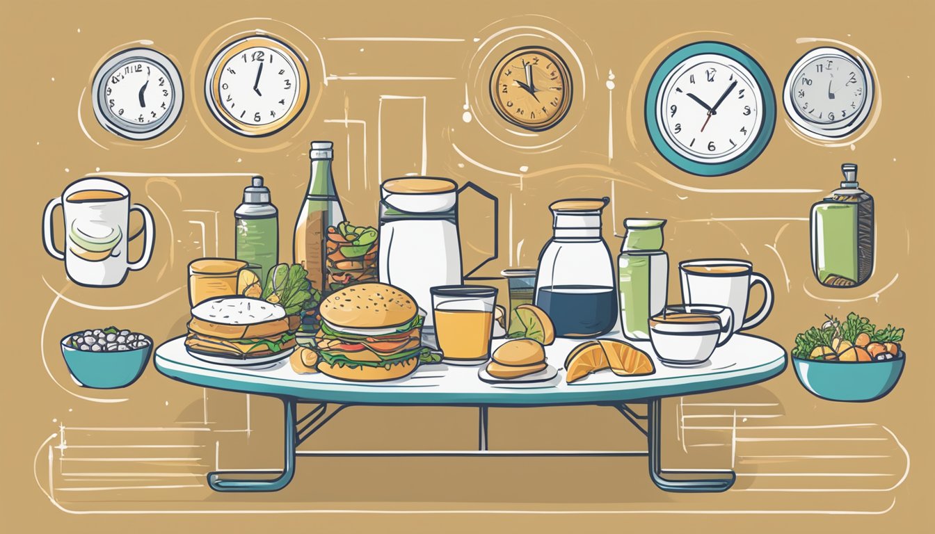 A table with a variety of food and drink options, including a clock showing different times of day, surrounded by crossed out "intermittent fasting" schedules