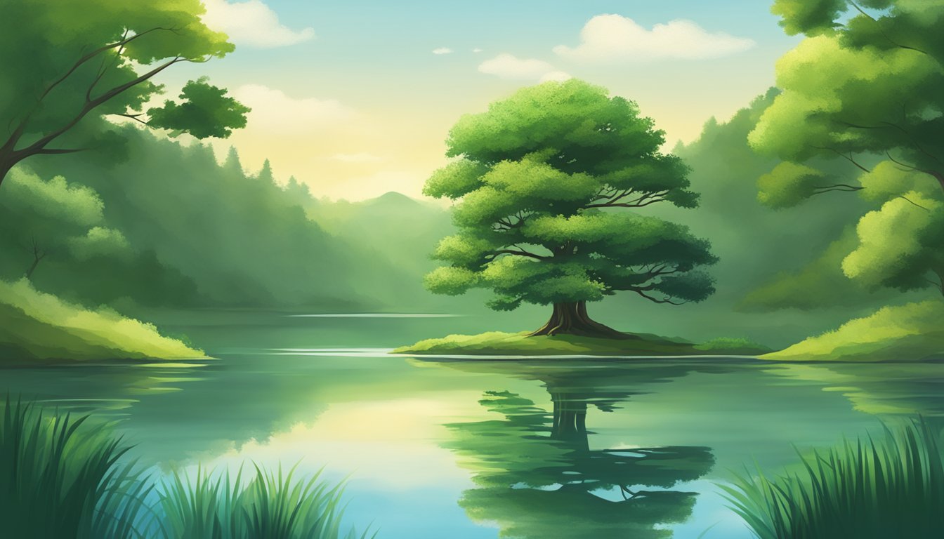 A serene lake surrounded by lush greenery, with a lone tree casting a reflection on the water, symbolizing personal growth and change