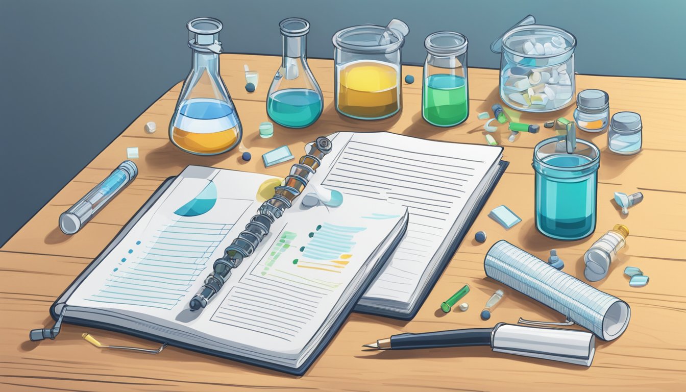 A lab table with scattered research papers, test tubes, and a microscope. An open notebook with "Intermittent Fasting" crossed out