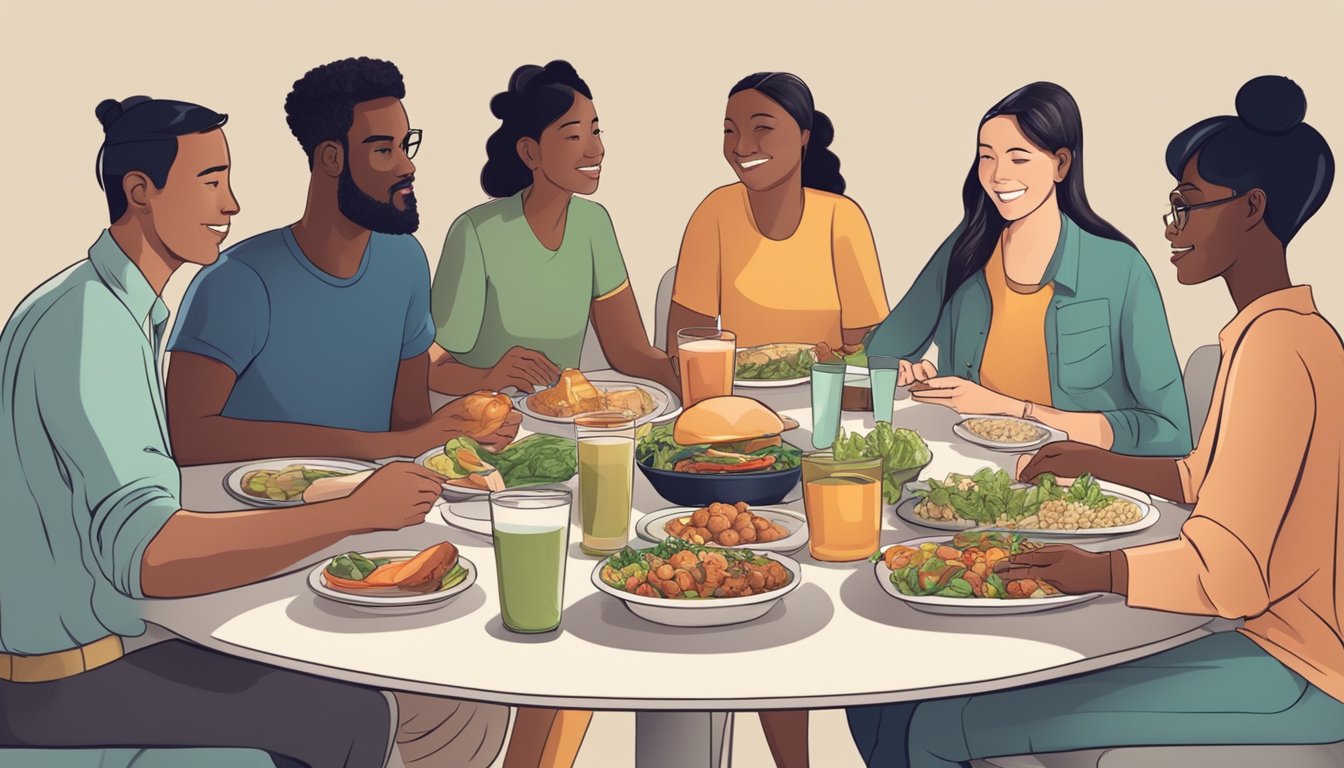 A diverse group of people sitting around a table, each with different dietary needs and preferences. Some are holding plates of food while others are engaged in conversation