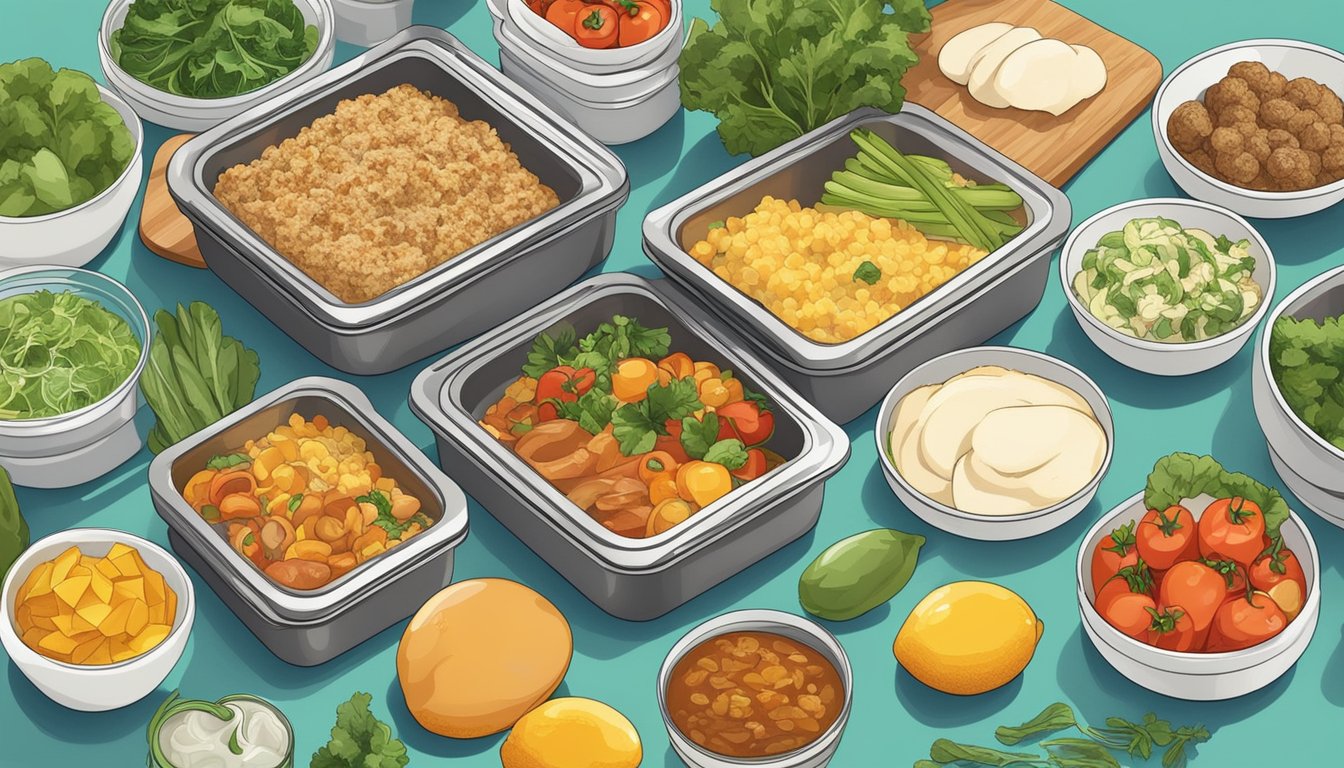 A kitchen counter with neatly arranged containers of prepped meals, surrounded by fresh ingredients and cooking utensils