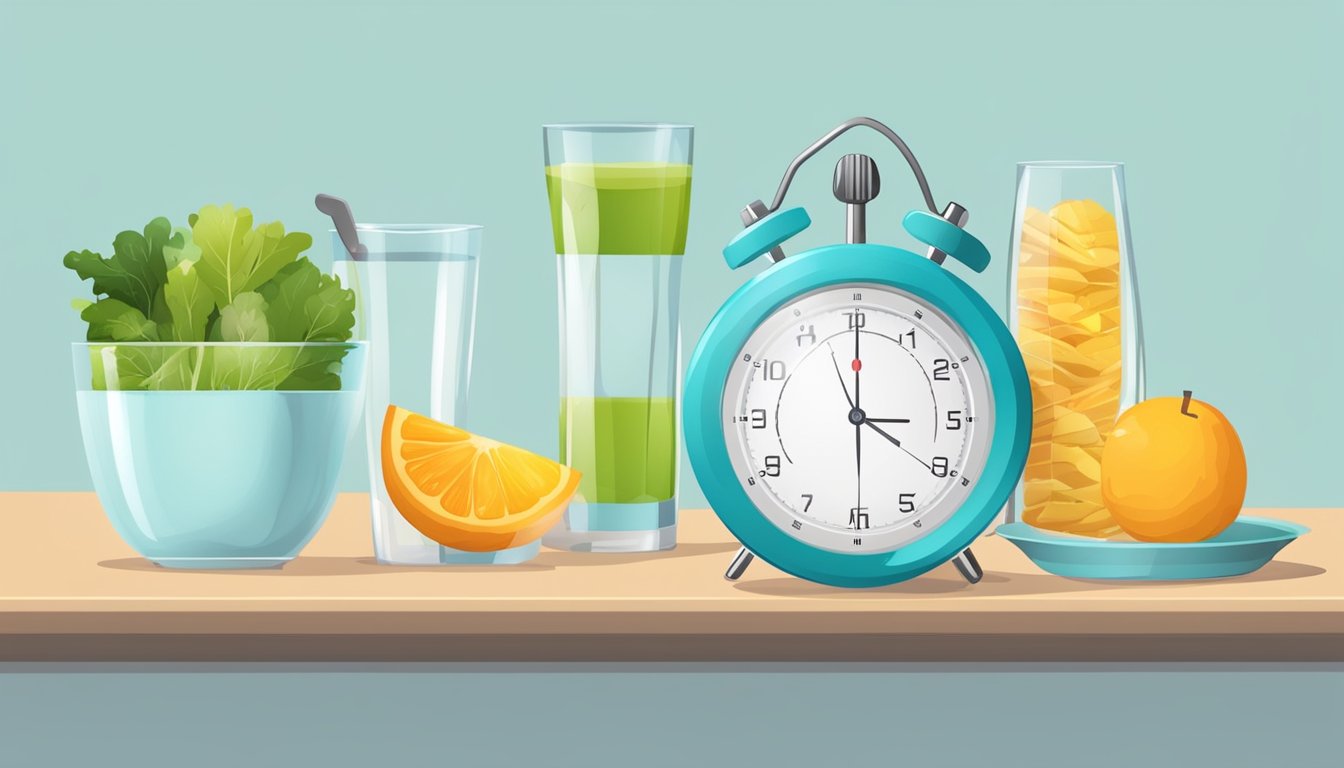 A table with a plate of healthy food before and after intermittent fasting, surrounded by a stopwatch and a glass of water