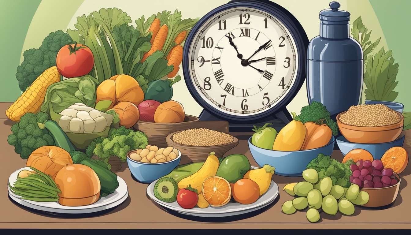 A table with a variety of healthy foods, including fruits, vegetables, lean proteins, and whole grains, set against a background of a clock showing different times of day