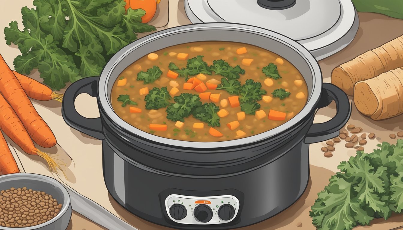 A pot of lentil soup simmers on the stove, surrounded by fresh kale, carrots, and onions. A meal prep container sits nearby, ready to be filled with the nutritious and weight-loss-friendly meal