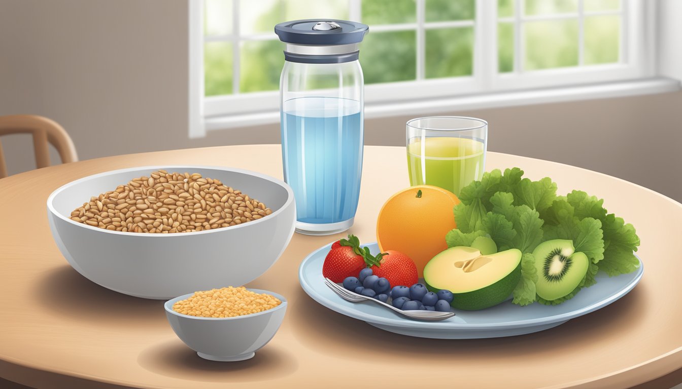 A table set with a balanced meal of lean protein, whole grains, fruits, and vegetables, accompanied by a glass of water and a timer indicating the fasting window