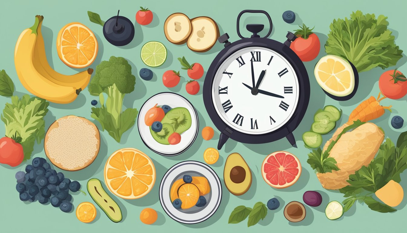 A table with a variety of healthy foods arranged in a balanced and visually appealing manner, with a clock in the background indicating a specific time for intermittent fasting