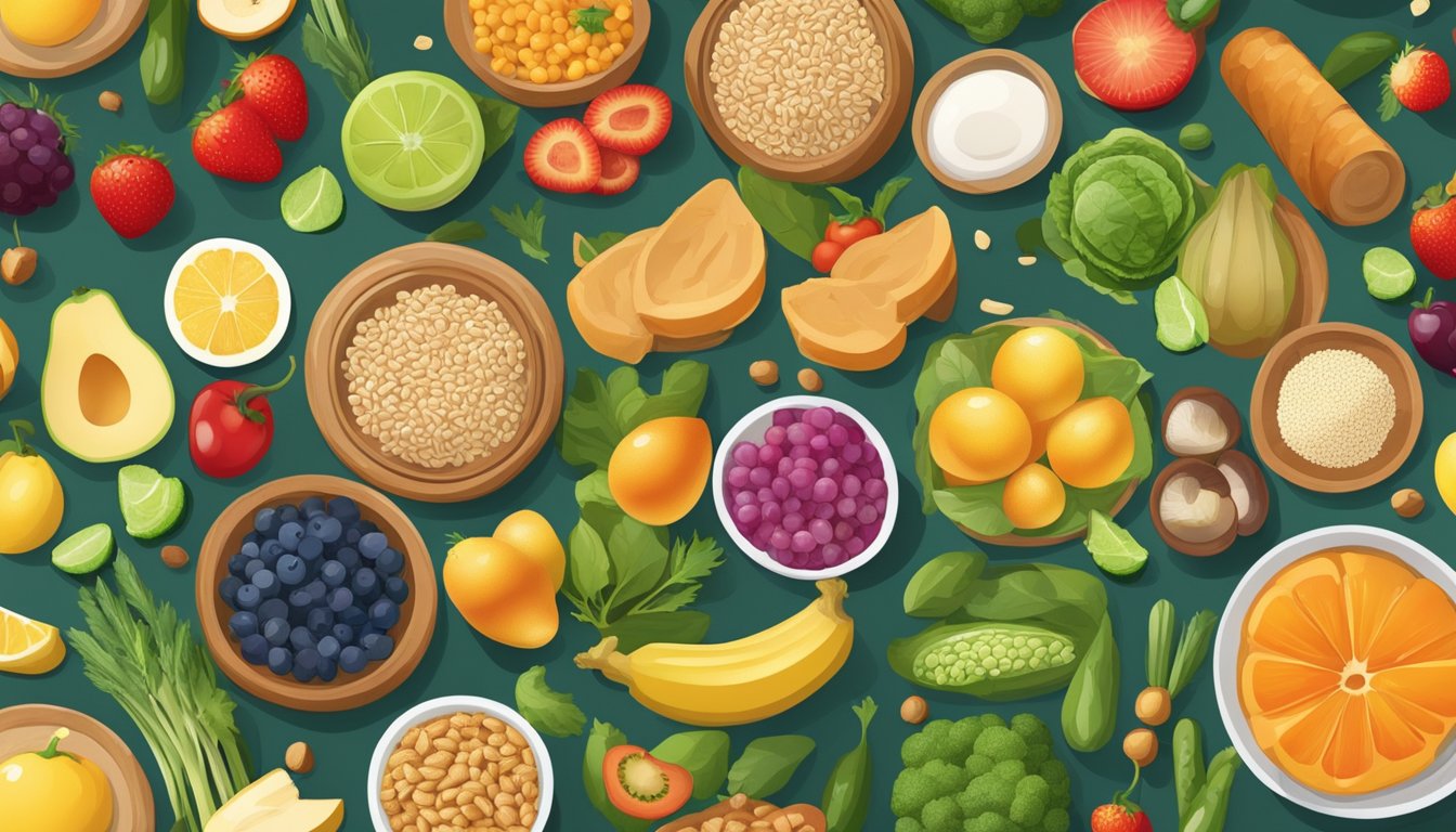 A table with various food items arranged in a balanced and visually appealing manner, including a mix of fruits, vegetables, grains, and lean proteins