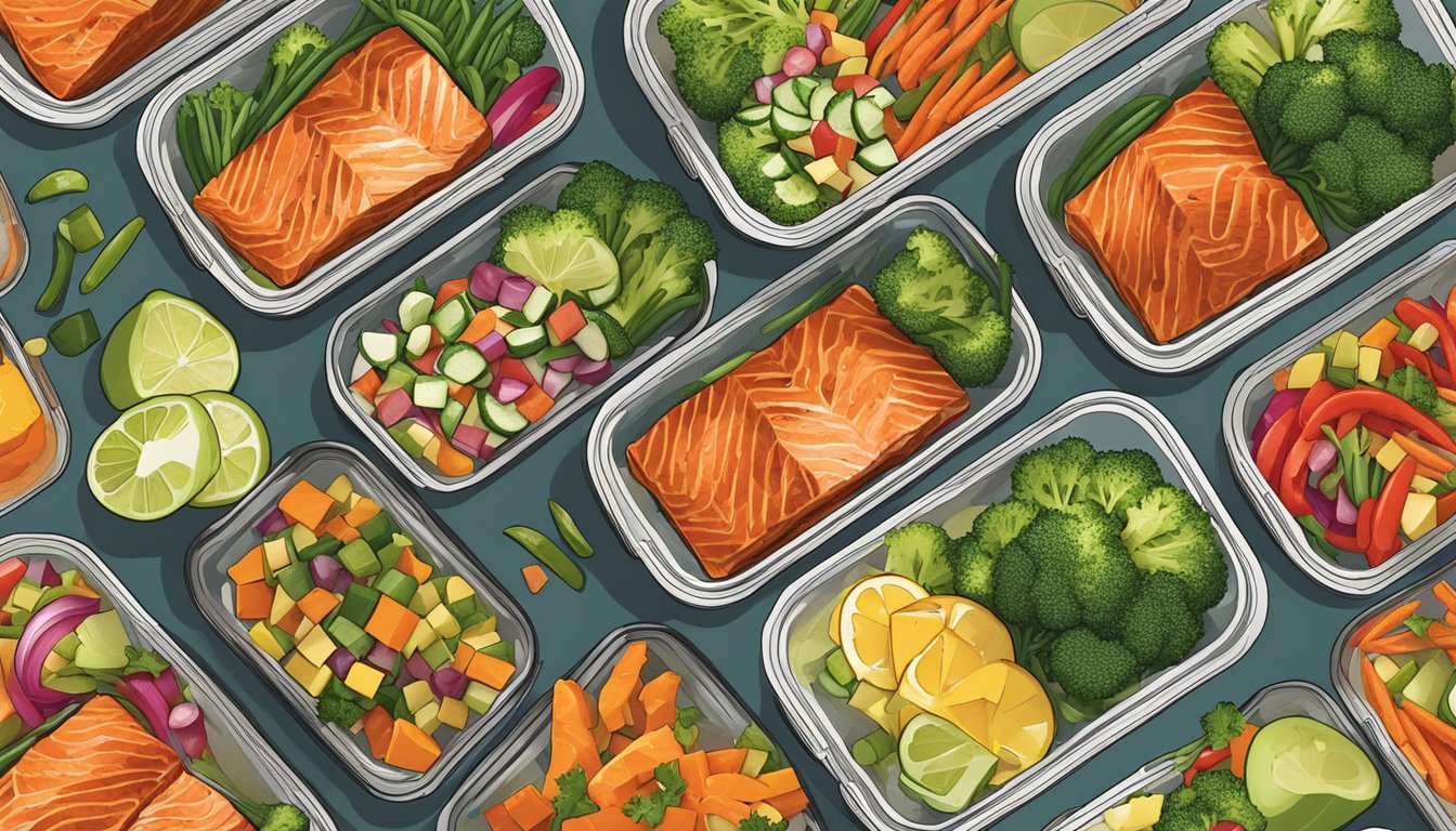 A colorful array of teriyaki-glazed salmon fillets surrounded by an assortment of vibrant, freshly chopped vegetables, neatly arranged in individual meal prep containers