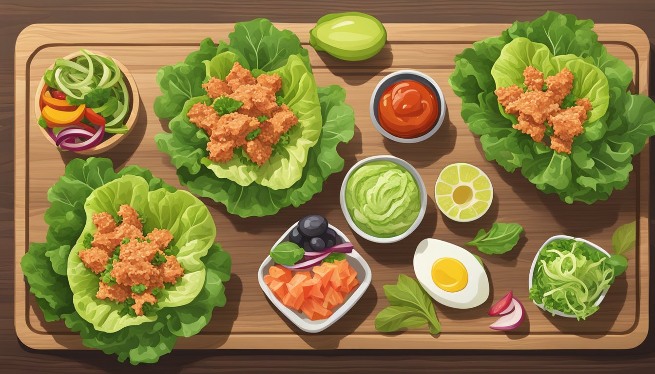 A colorful array of fresh lettuce leaves, spicy tuna salad, and vibrant garnishes arranged on a wooden cutting board for meal prep