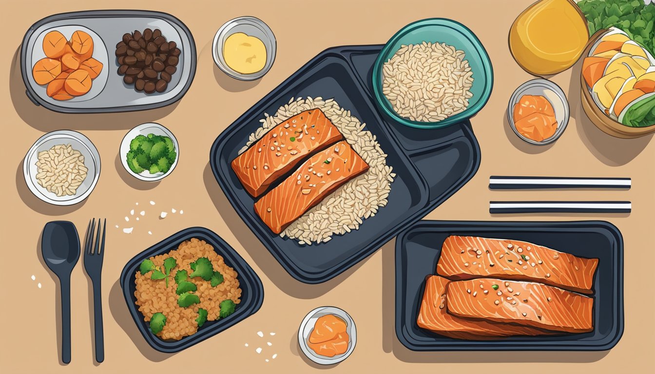 A plate of teriyaki salmon with brown rice, alongside neatly arranged meal prep containers