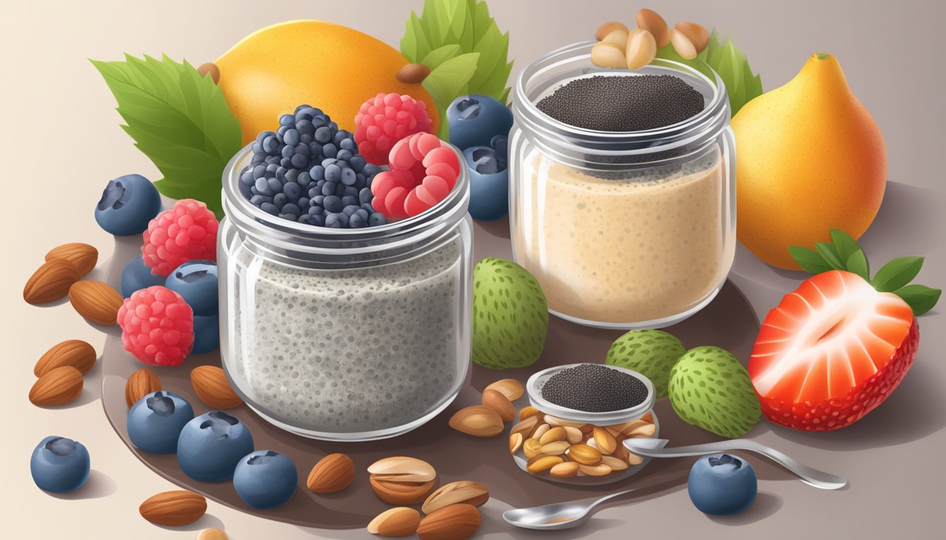 A glass jar filled with chia seed pudding and a scoop of protein powder on the side, surrounded by fresh fruits and nuts