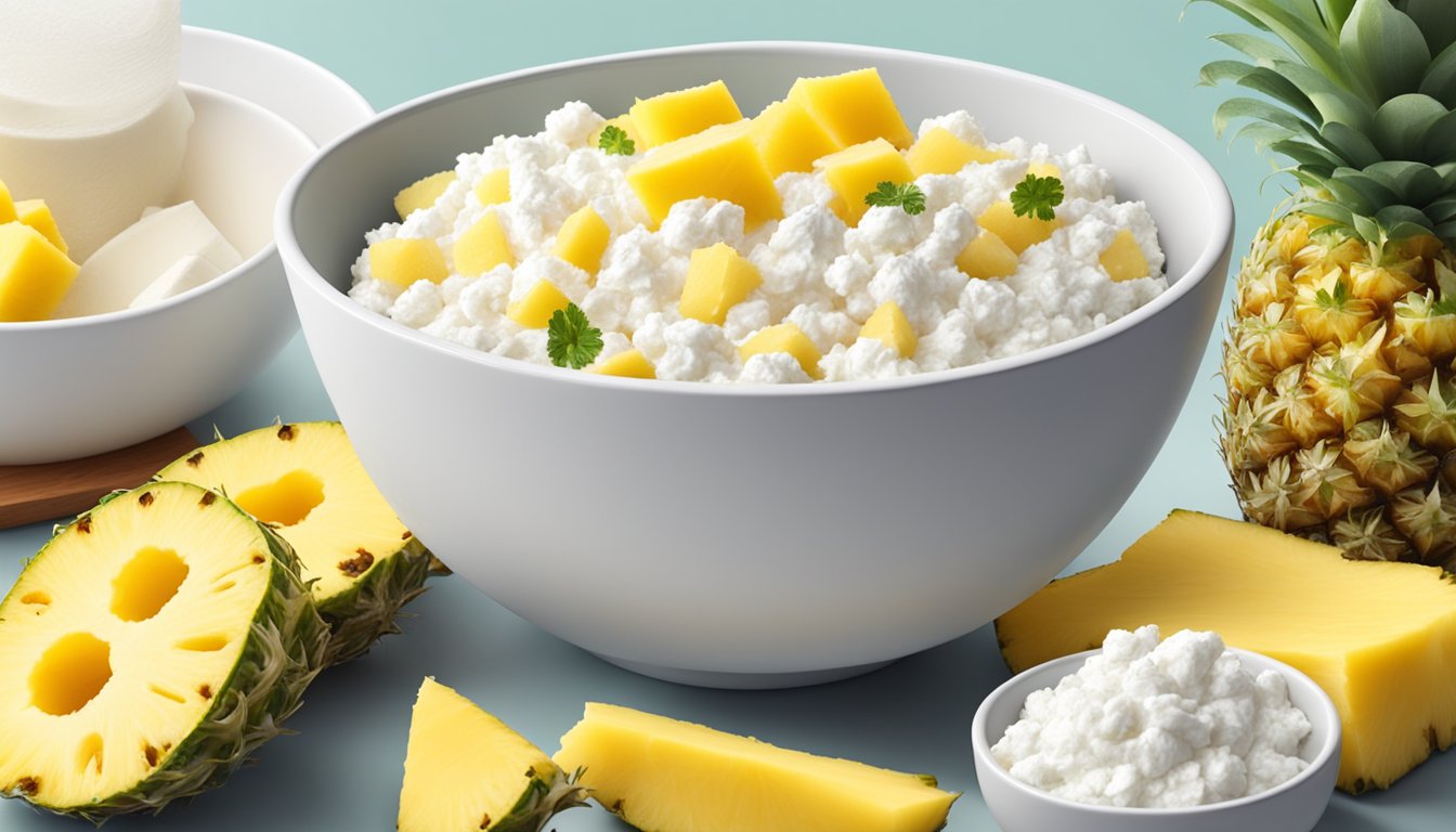 A bowl of cottage cheese topped with fresh pineapple chunks, surrounded by ingredients for high-protein meal prep