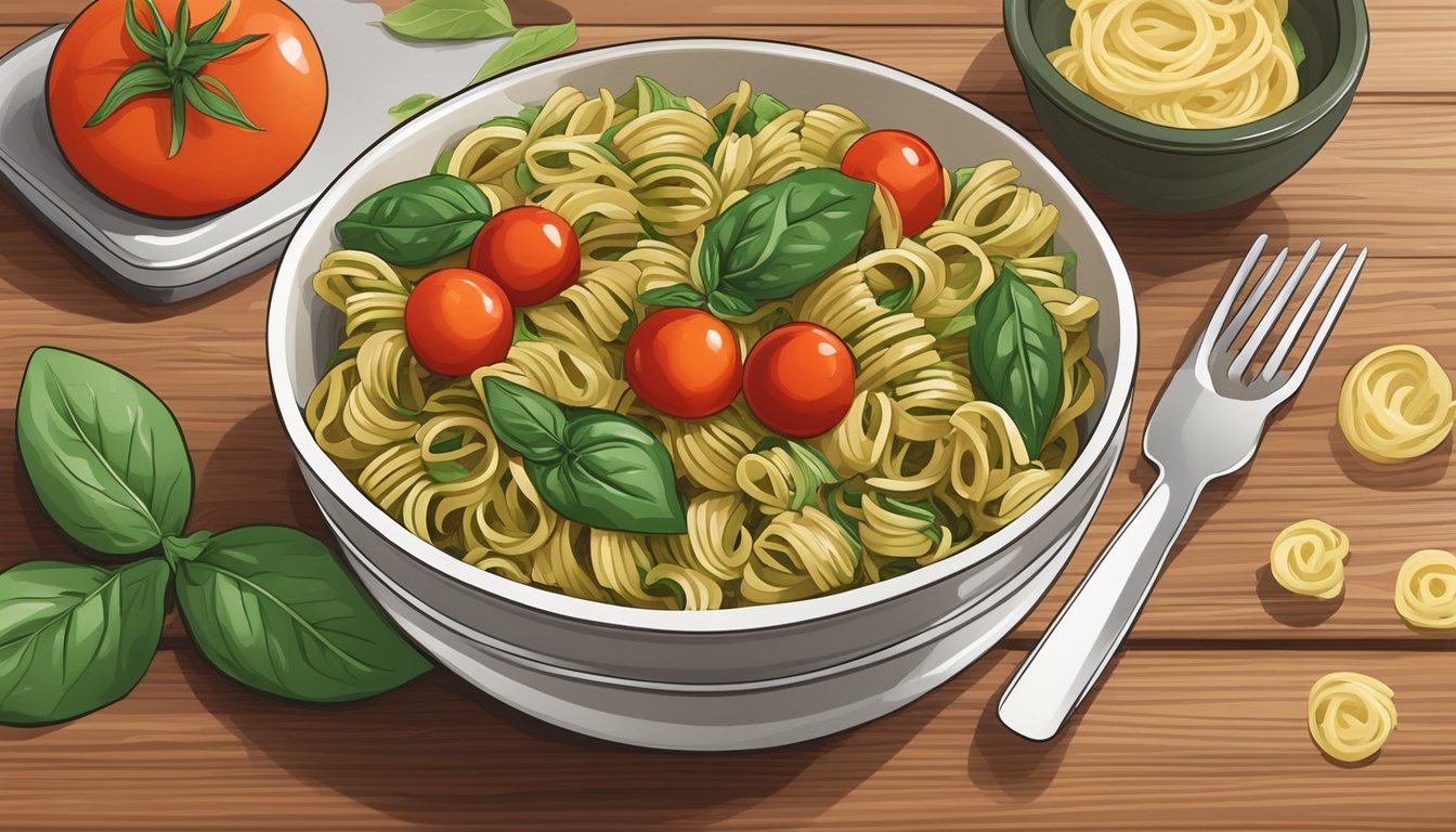 A colorful bowl of pesto pasta with cherry tomatoes and spinach sits on a wooden table next to a neatly arranged meal prep container