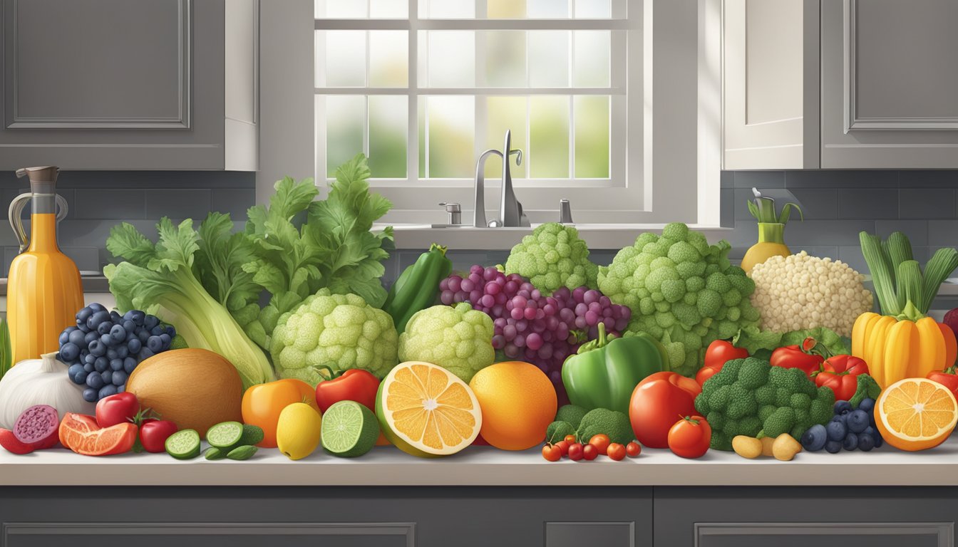 A colorful array of fresh ingredients arranged on a clean kitchen counter, including various fruits, vegetables, grains, and proteins