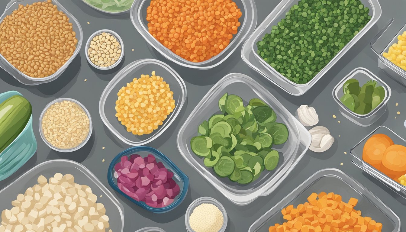 Various ingredients scattered on a kitchen counter: chopped vegetables, cooked grains, and portioned proteins. Containers of different sizes and shapes are ready to be filled with the prepped meals