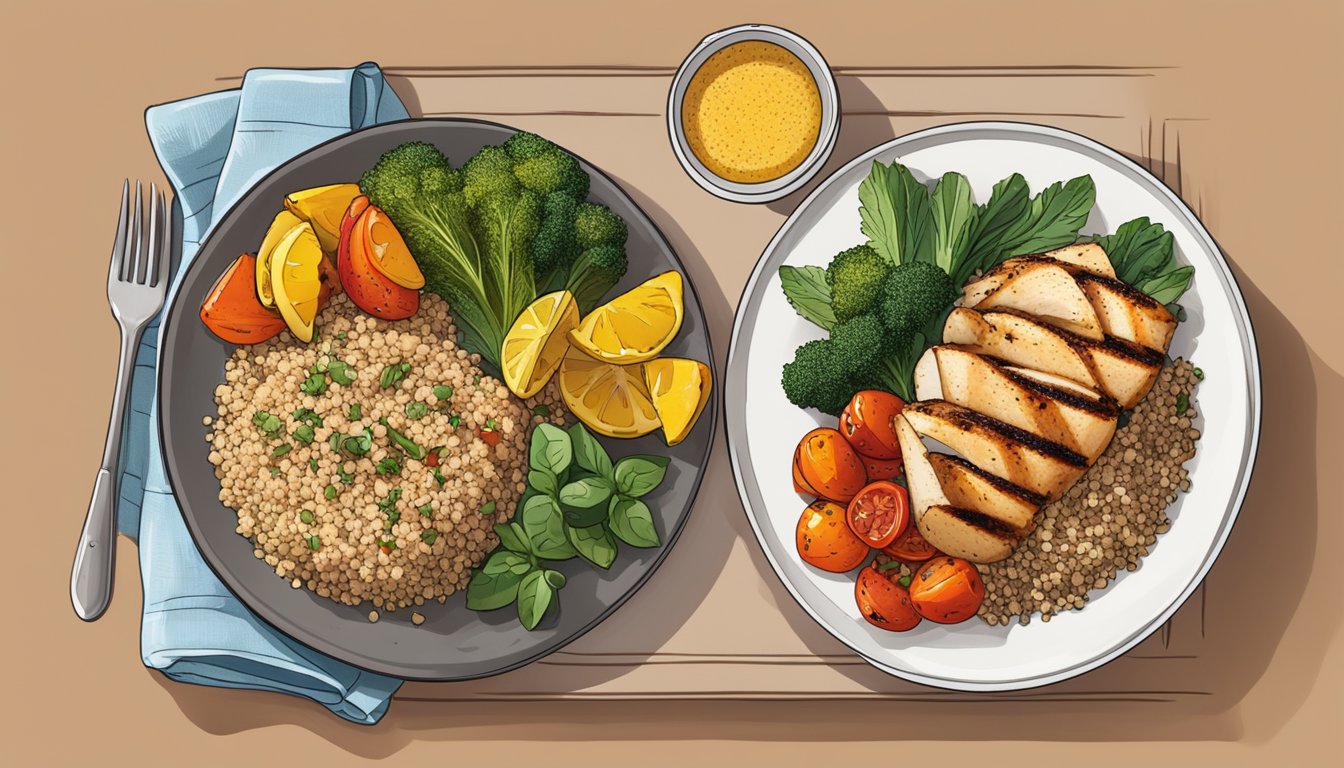 A plate with grilled lemon herb chicken, roasted vegetables, and a side of quinoa, arranged neatly with colorful garnishes