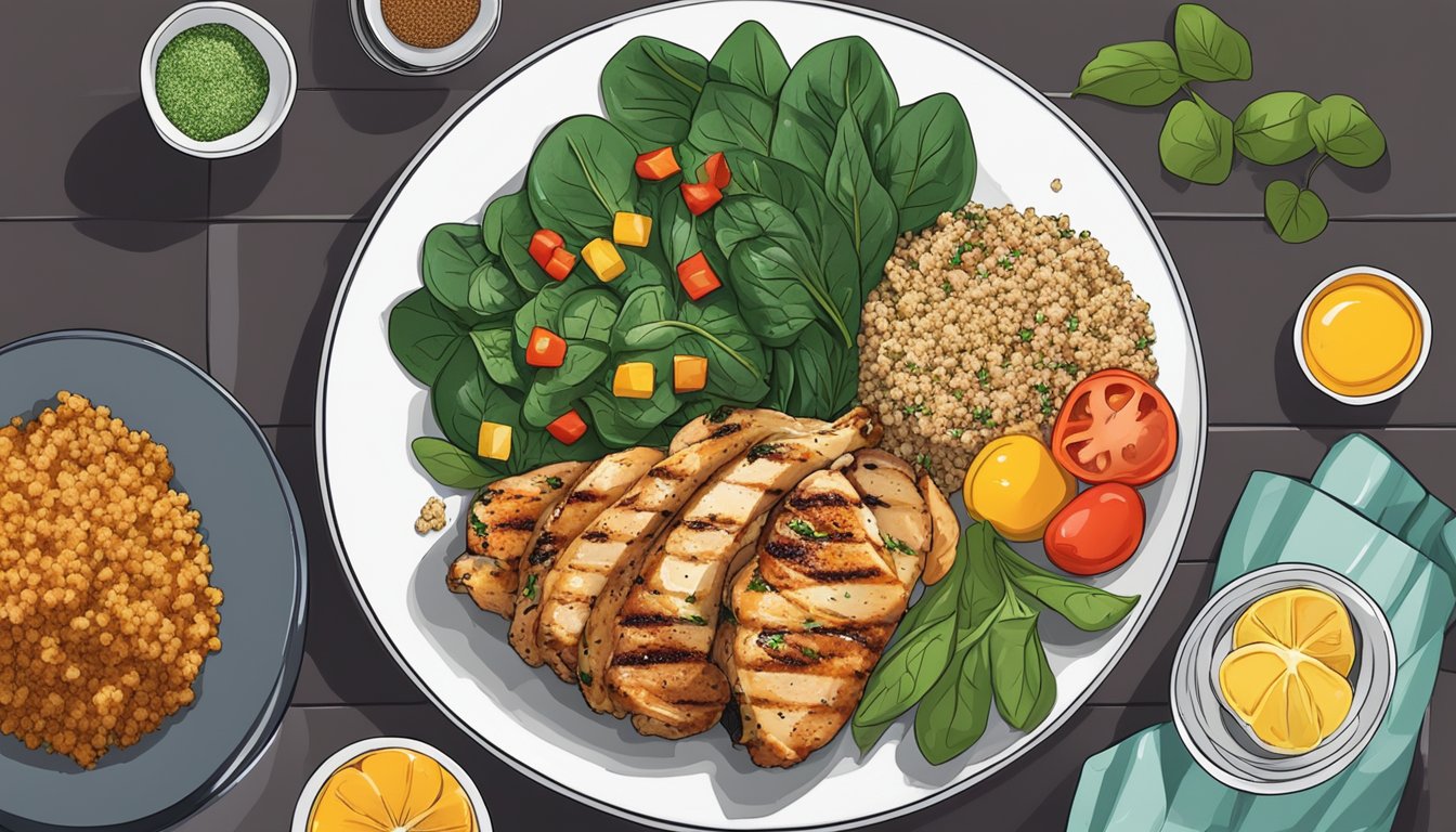 A plate with grilled chicken, quinoa, and spinach arranged in a visually appealing manner, with colorful ingredients and a clean, organized presentation