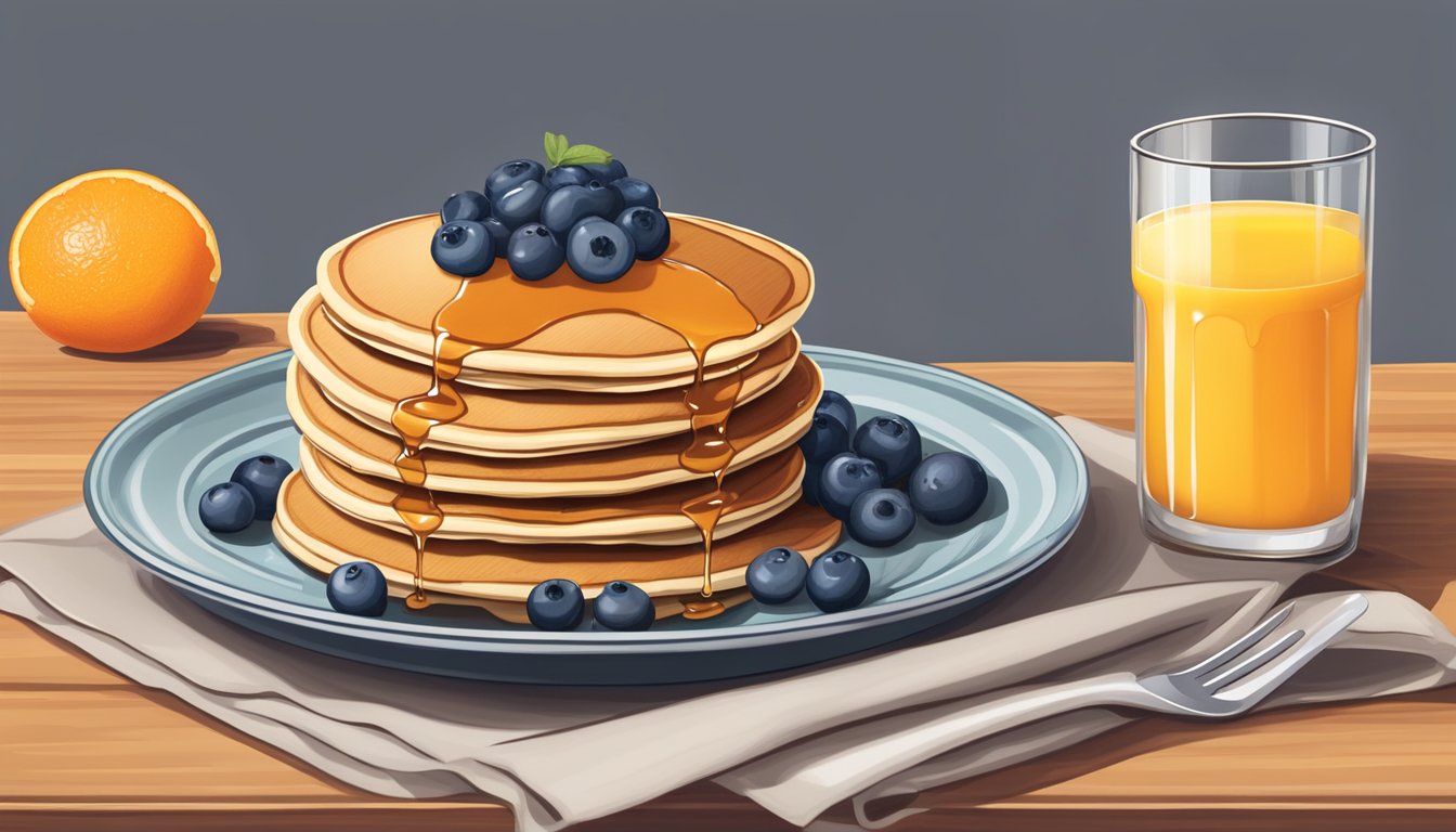 A stack of whole wheat pancakes drizzled with maple syrup on a plate, with a side of fresh fruit and a glass of orange juice