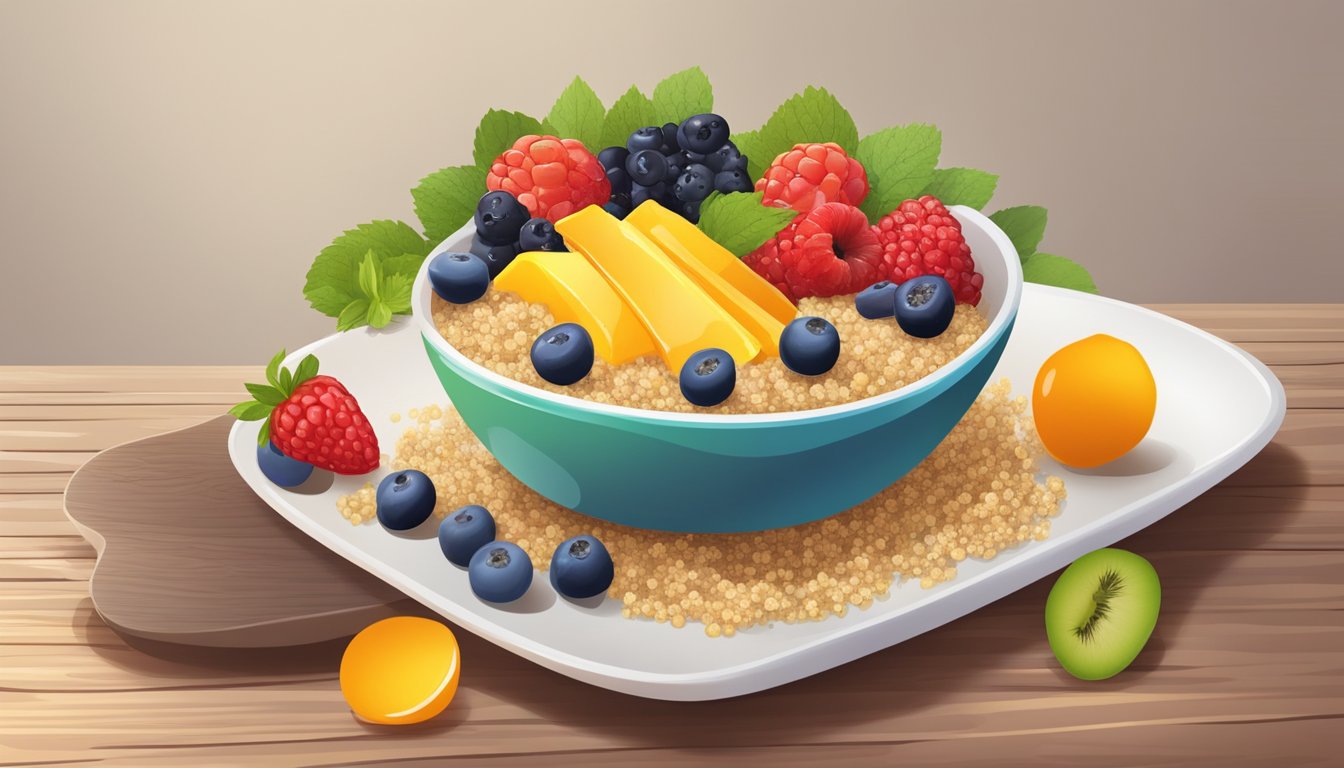 A colorful breakfast bowl with quinoa, fresh fruits, and a drizzle of honey, arranged neatly on a wooden table