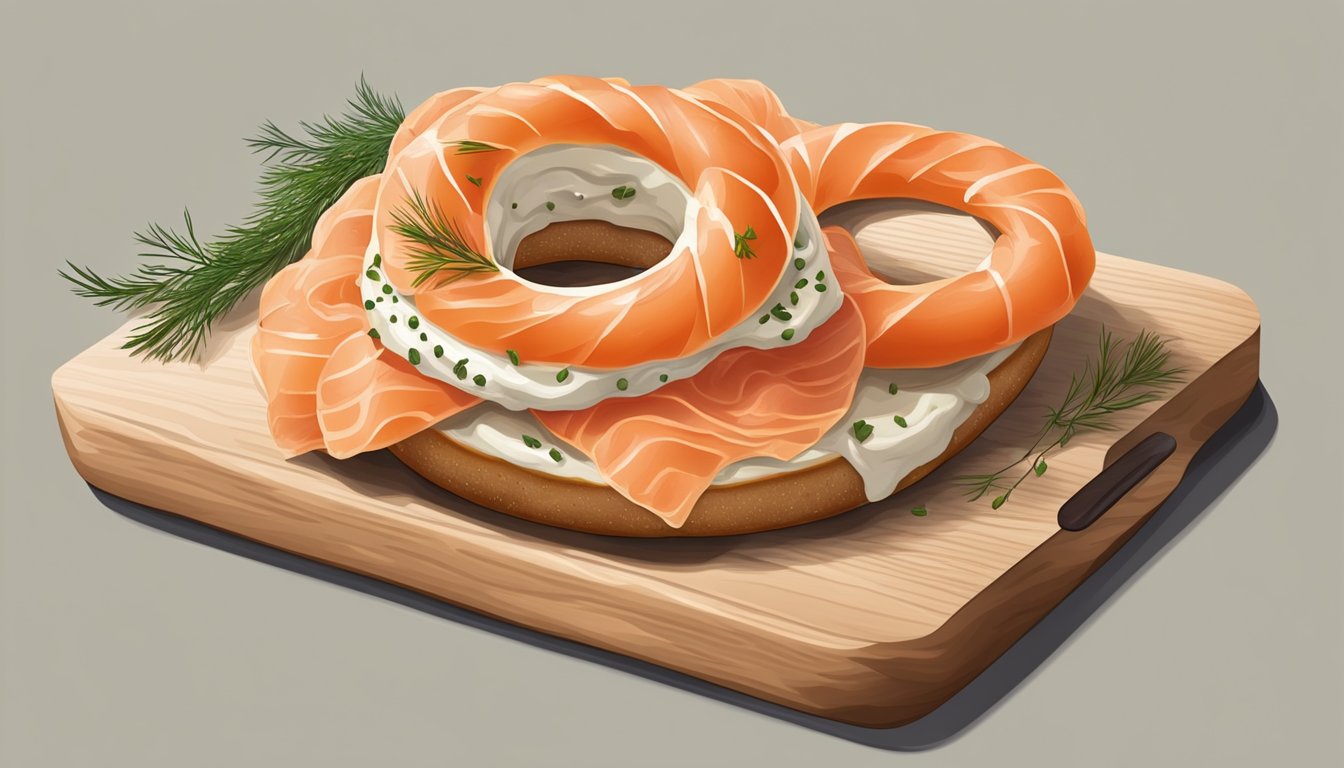 A wooden cutting board with a toasted bagel, spread with cream cheese, topped with smoked salmon, and garnished with fresh dill