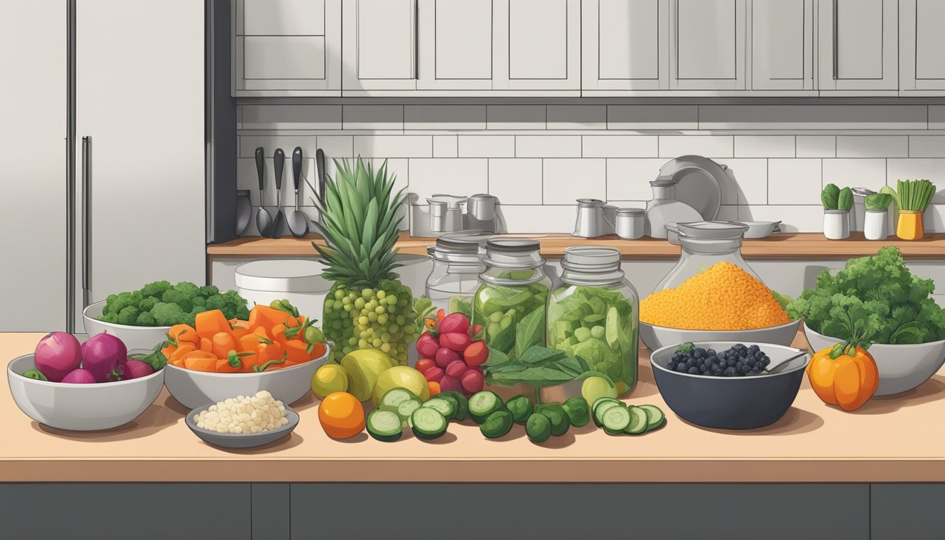 Fresh ingredients laid out on a clean kitchen counter, with various containers and utensils ready for meal prepping