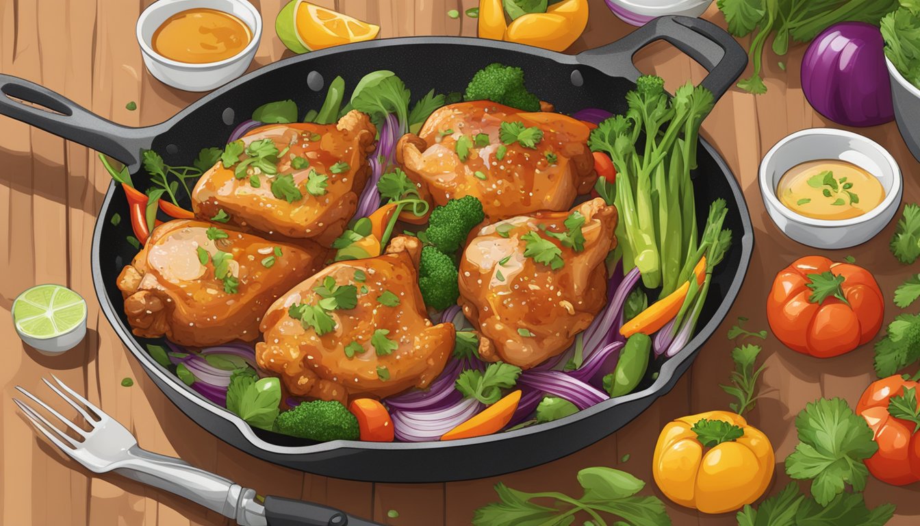 A sizzling skillet of honey garlic chicken thighs with a spicy glaze, surrounded by fresh herbs and colorful vegetables