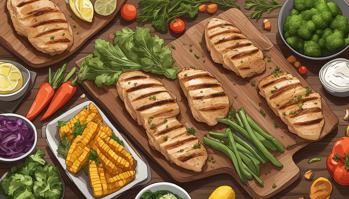 A row of grilled chicken breasts on a cutting board, surrounded by various colorful vegetables and seasoning, ready for meal prep