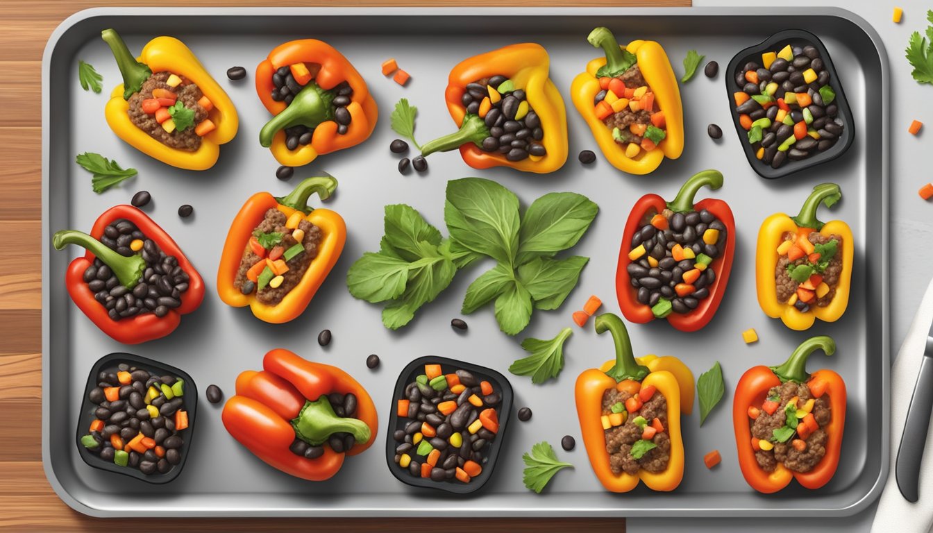 A colorful array of halved bell peppers filled with black bean and vegetable mixture, neatly arranged on a baking sheet