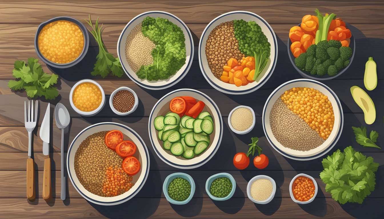 A colorful array of quinoa veggie bowls arranged neatly on a wooden table, surrounded by fresh produce and kitchen utensils