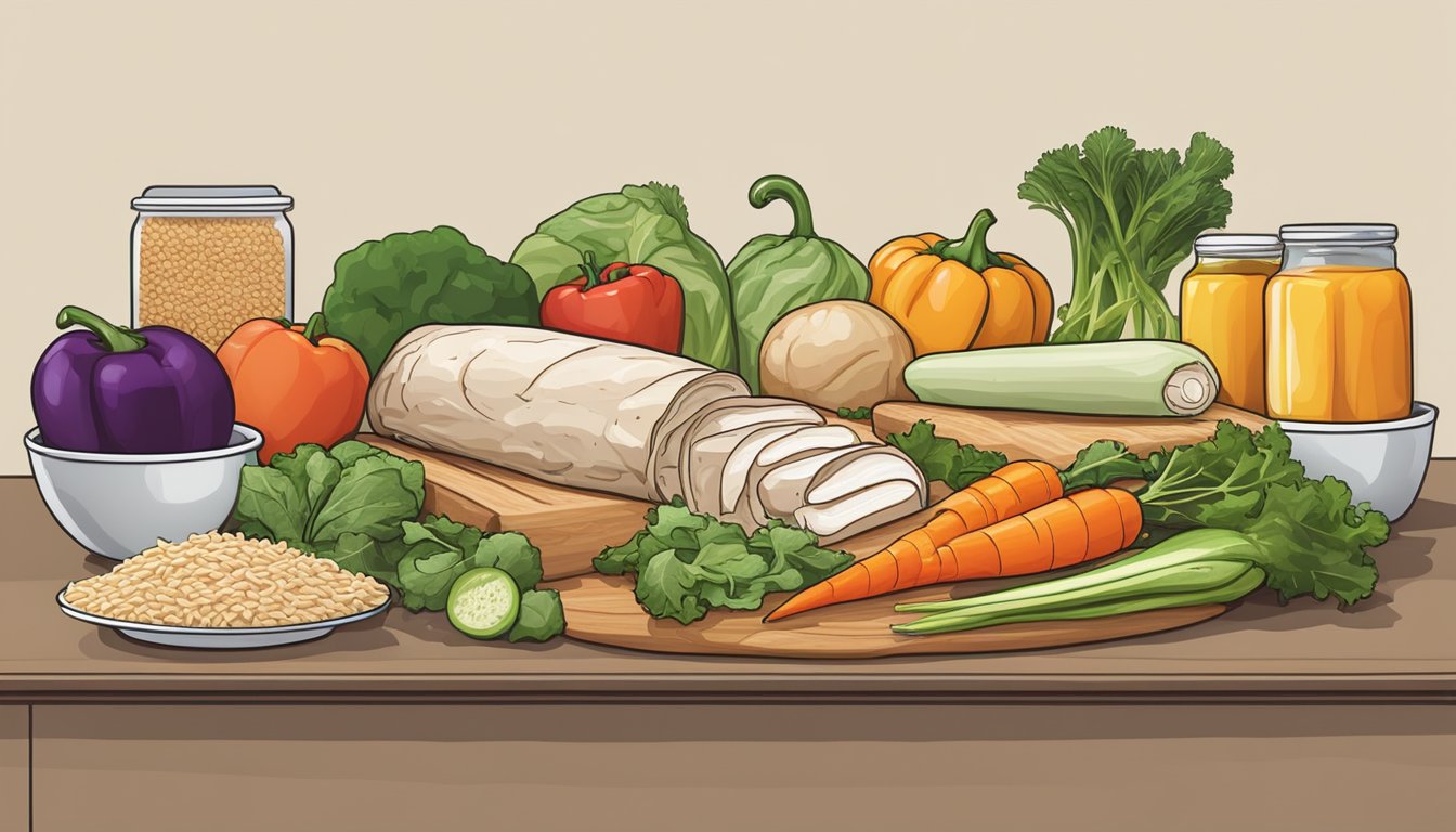 A colorful array of fresh vegetables, sliced turkey, and whole wheat wraps arranged neatly on a clean kitchen counter