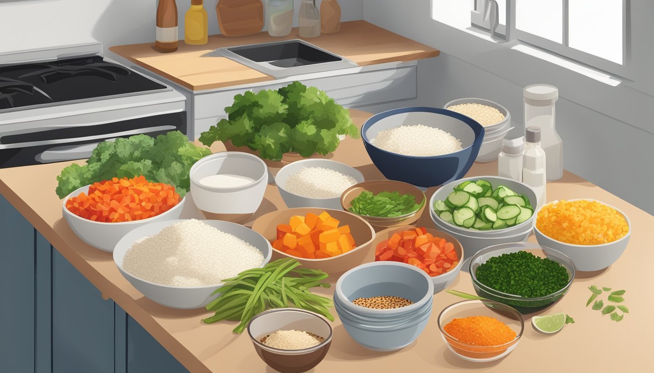 A colorful array of chopped vegetables, rice, and seasoning spread out on a clean kitchen counter for meal prep