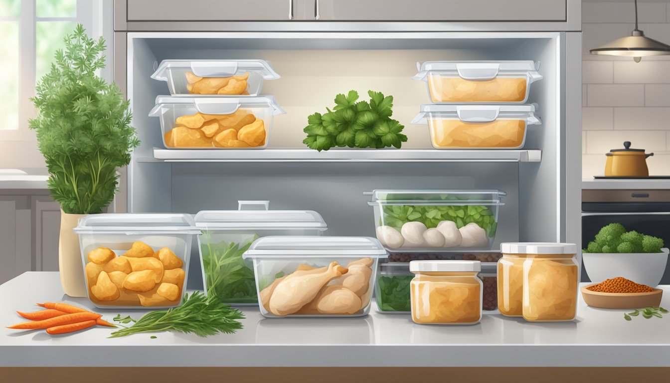 A kitchen counter with sealed containers of cooked chicken, labeled and organized in a refrigerator, surrounded by fresh herbs and spices