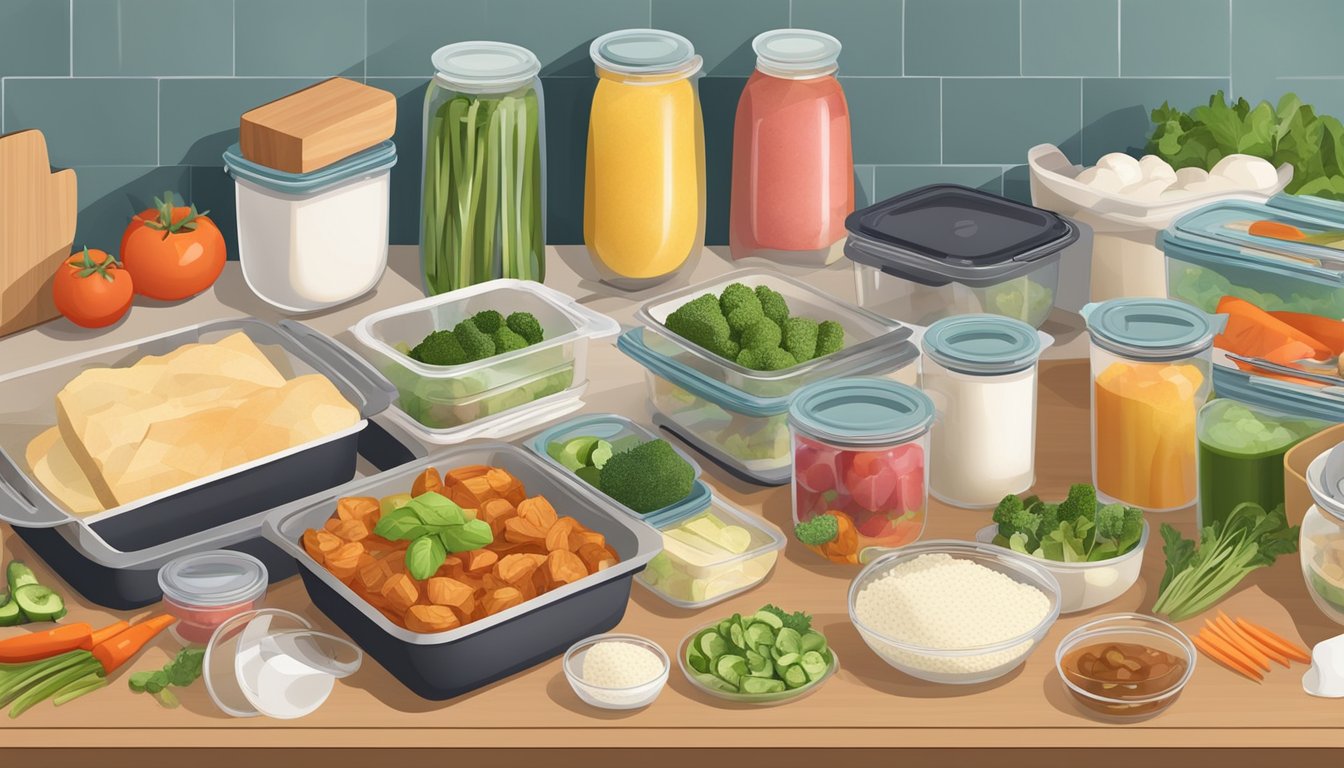 A kitchen counter with neatly organized containers filled with prepped meals and ingredients, surrounded by cutting boards, knives, and cooking utensils