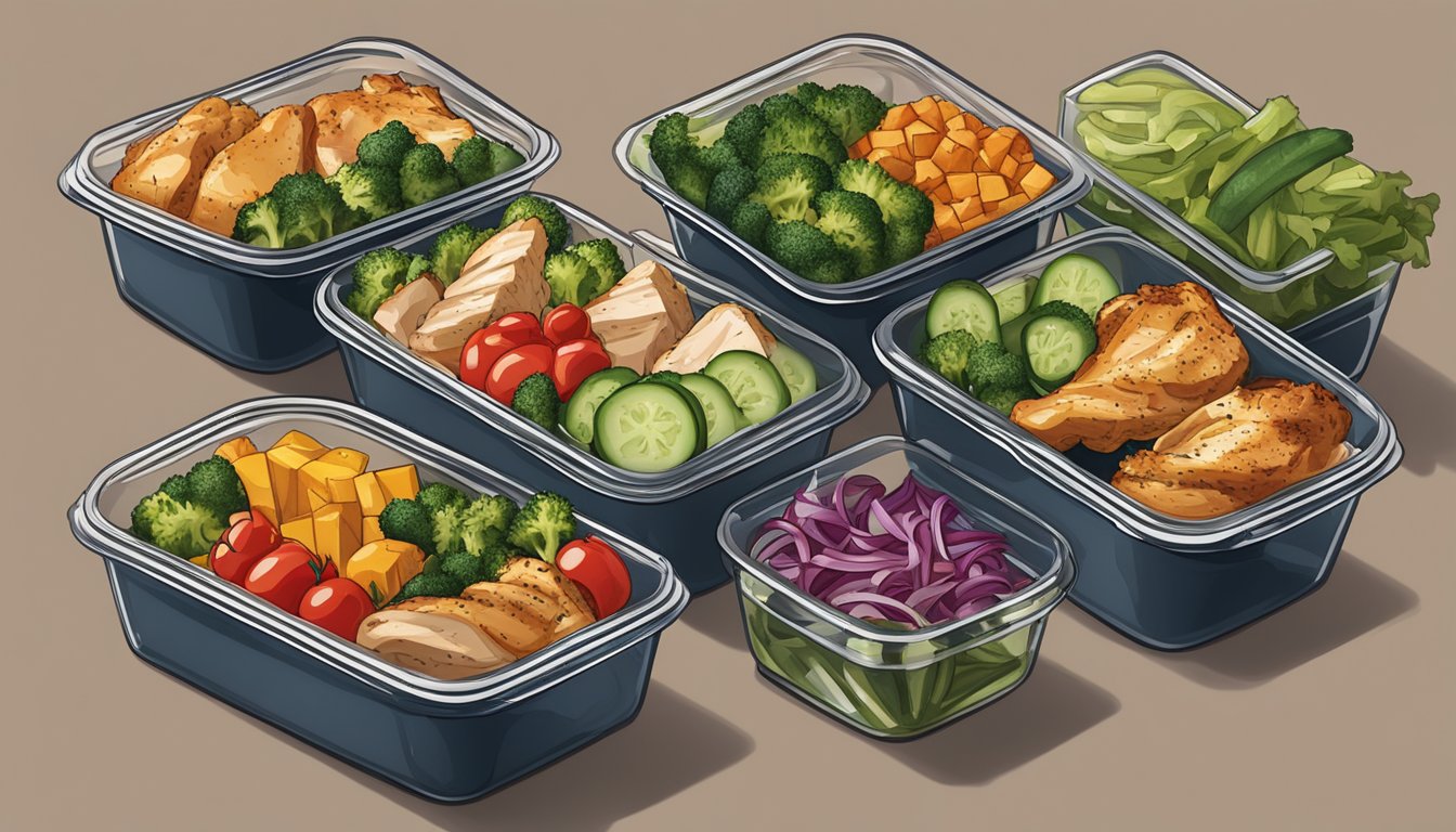 A colorful array of grilled chicken and assorted vegetables arranged in meal prep containers