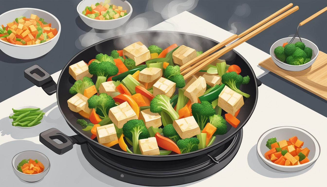 A colorful array of chopped vegetables and tofu sizzling in a wok, steam rising as they are stir-fried together