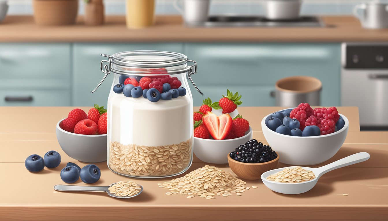 A glass jar filled with layers of oats, yogurt, and berries, surrounded by scattered ingredients and measuring spoons on a wooden countertop