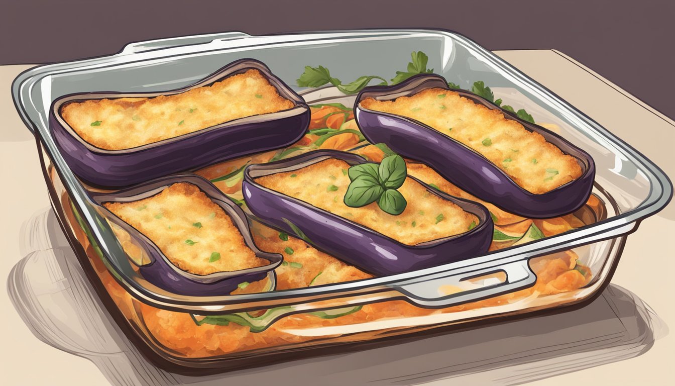 Sliced eggplant being breaded, fried, and layered with marinara and cheese in a baking dish