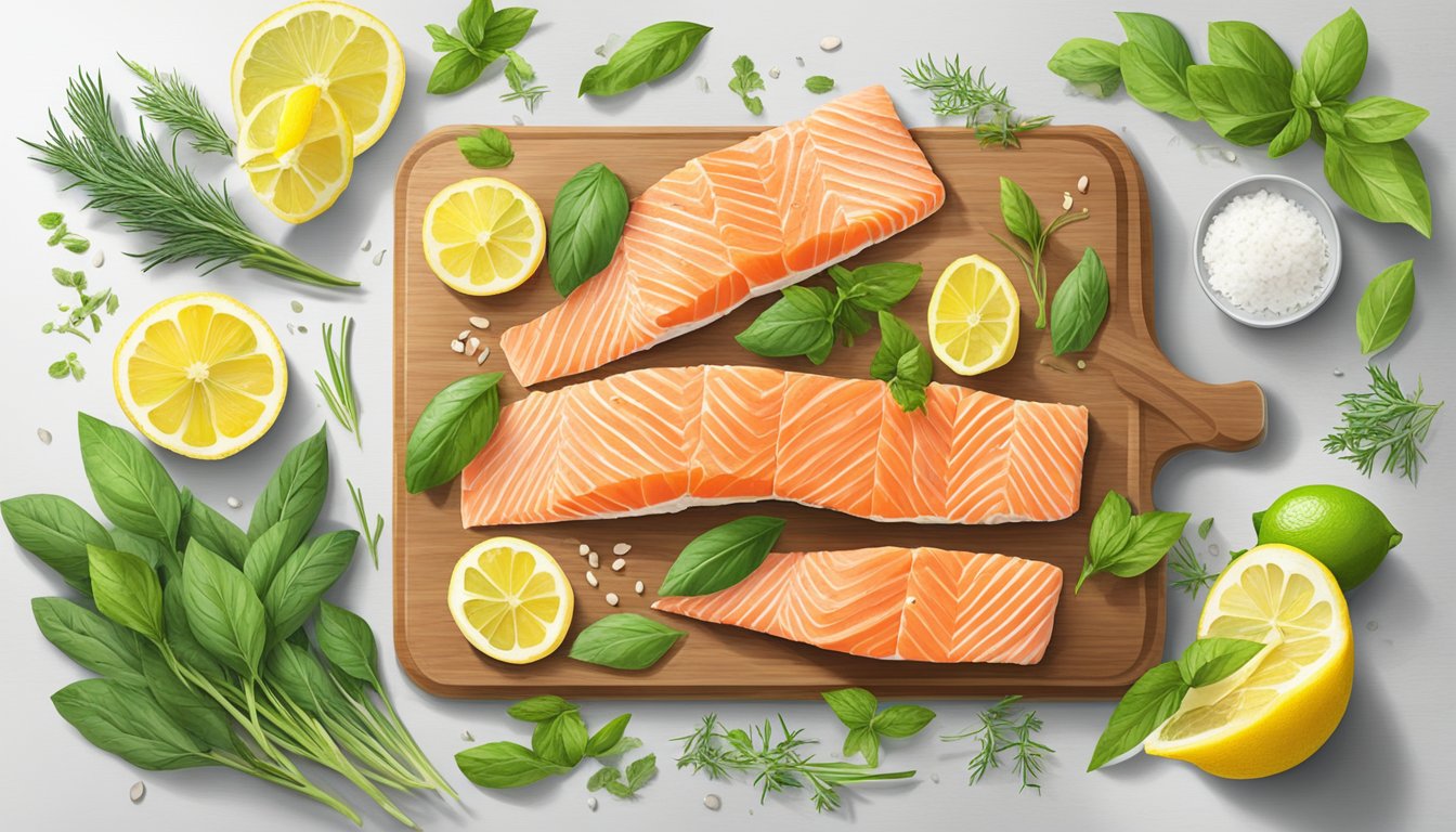 A cutting board with lemon herb salmon fillets surrounded by fresh herbs and lemon slices